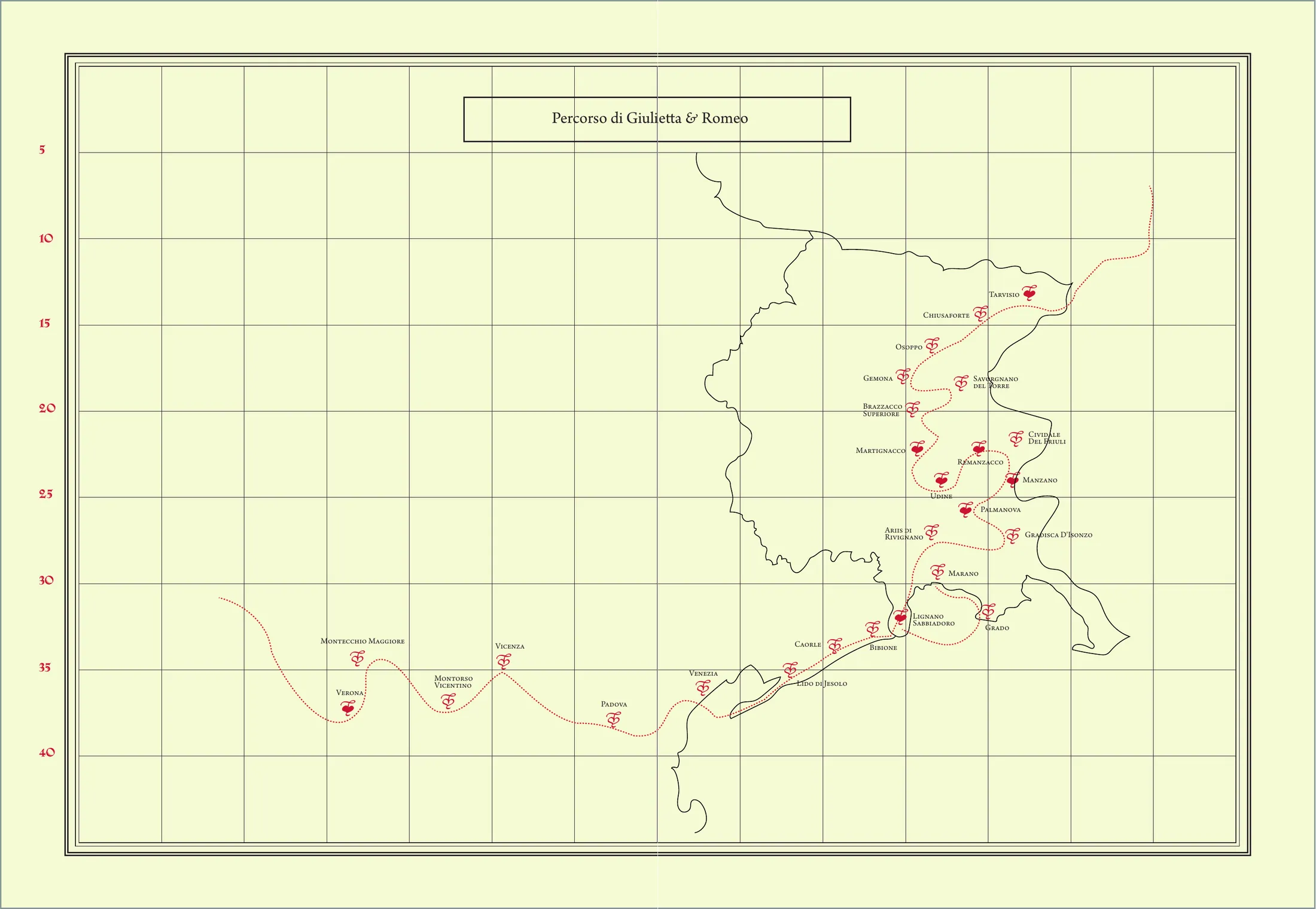 Mappa illustrata del Percorso di Giulietta e Romeo, da Verona e Vicenza fino a Udine, Cividale e Tarvisio