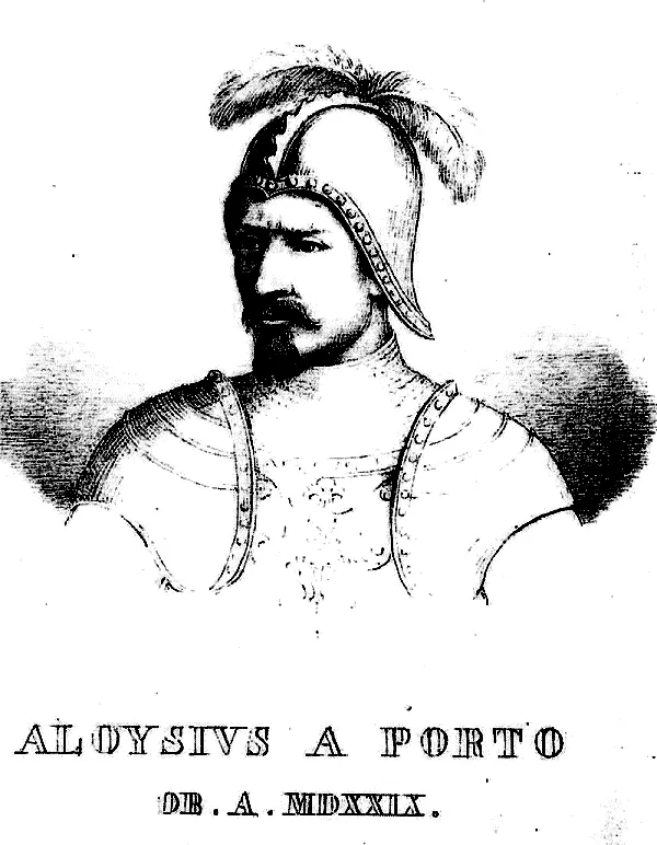 Incisione con il ritratto di Luigi Da Porto in armatura, con la scritta Aloysius a Porto