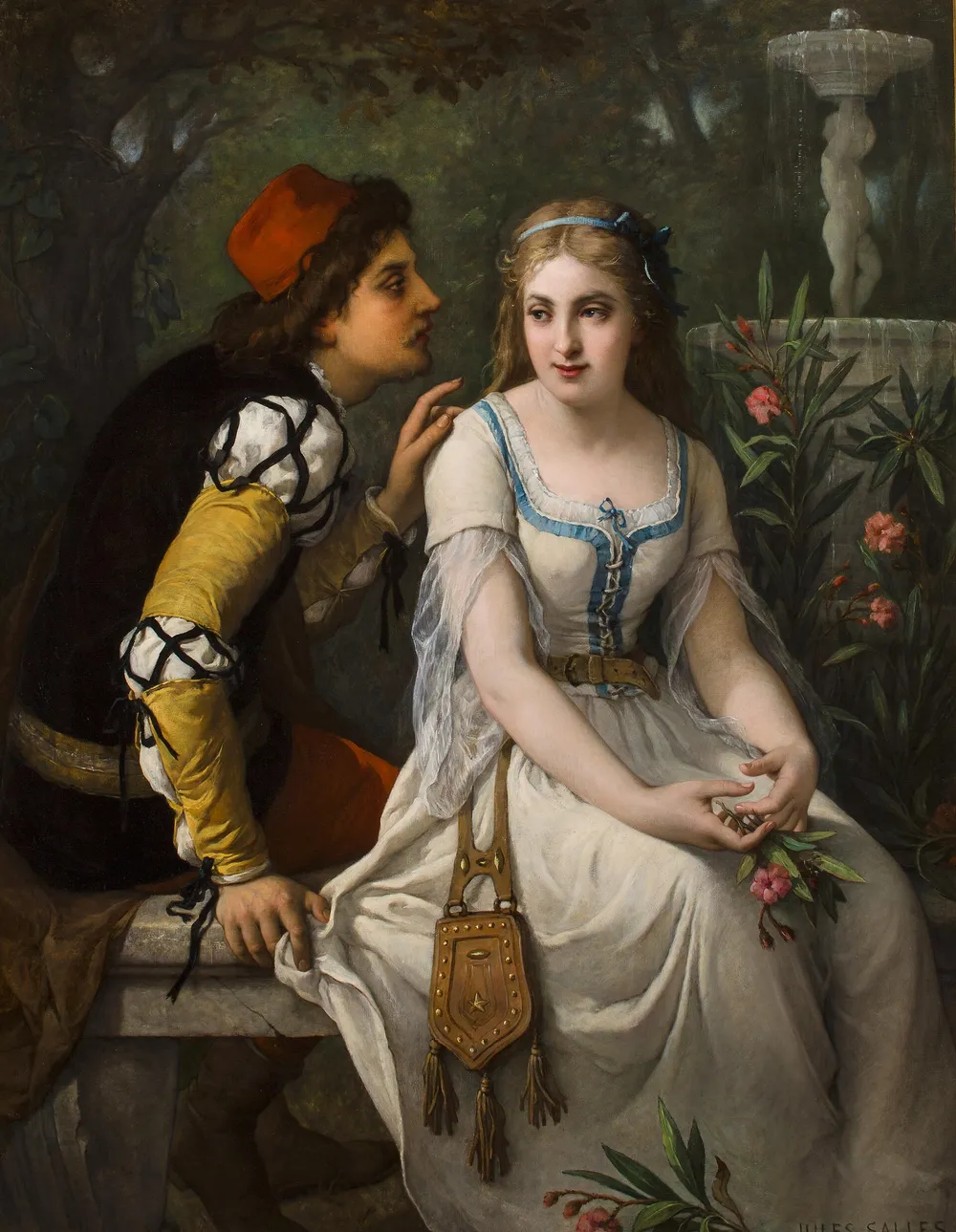 Dipinto di Jules Salles-Wagner: Romeo sussurra a Giulietta, seduta in un giardino